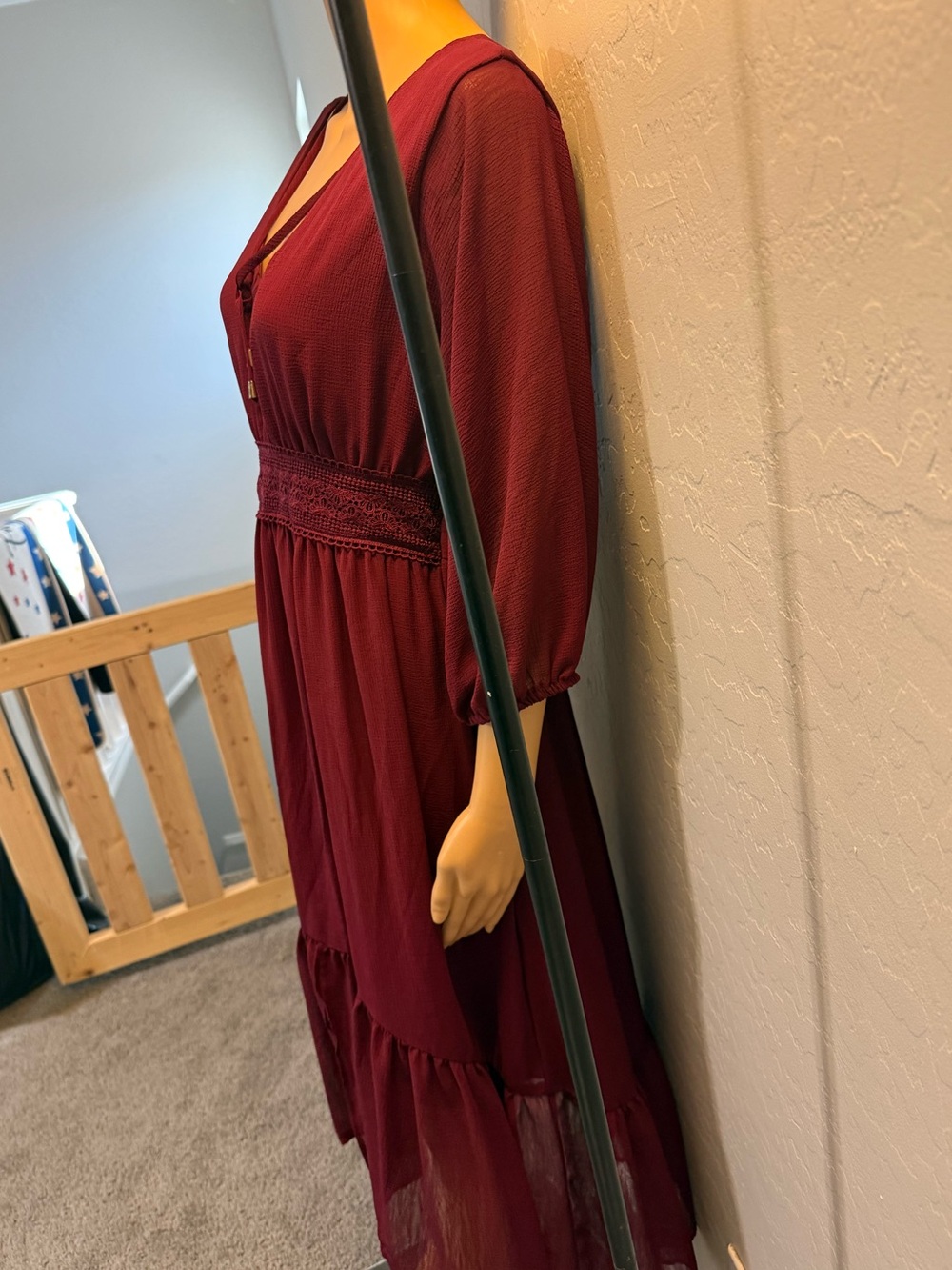$8 Women's Burgundy Midi Dress with Crochet Waist$8 WHEN BUNDLED WITH 3 OR MORE - Picture 5 of 10